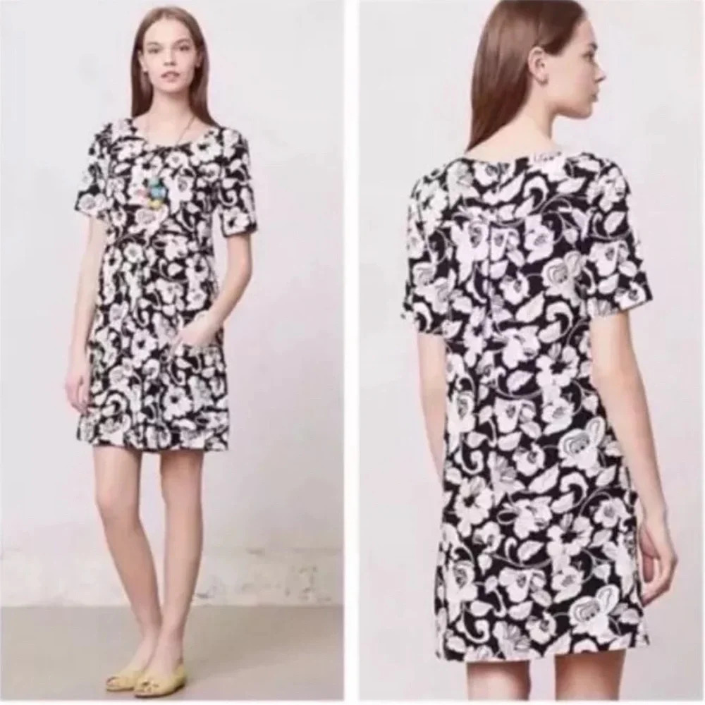Maeve Anthropologie Womens‎ 6 Zola Shift Shirt Dress Black & White Pocket Dress